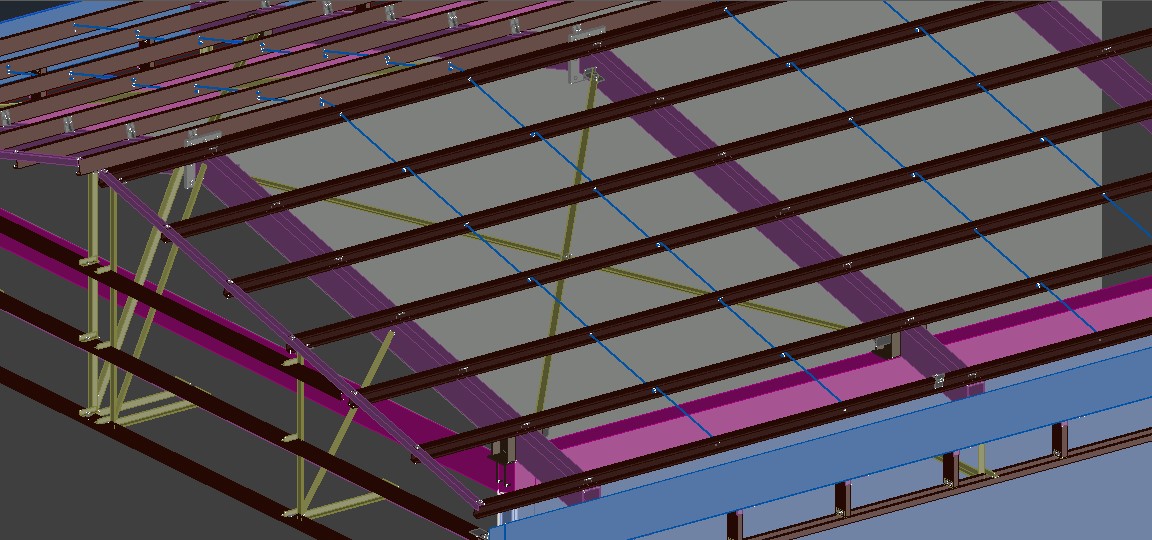 Detalle del modelo 3D — vigas, correas y arriostramientos
